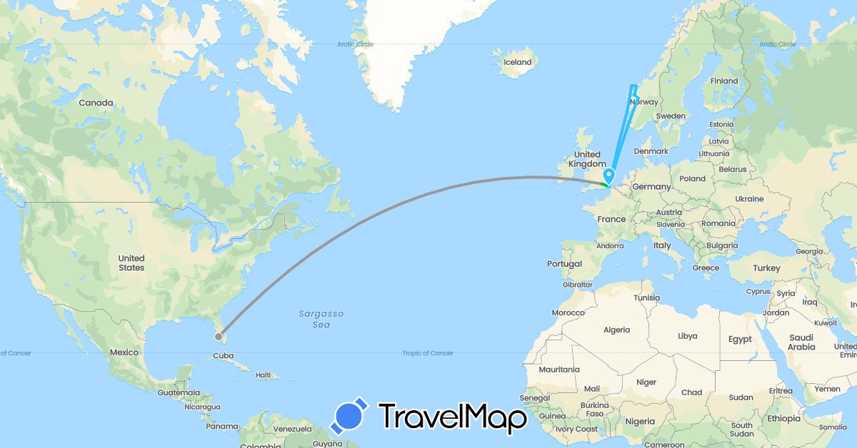 TravelMap itinerary: bus, plane, boat in United Kingdom, Norway, United States (Europe, North America)