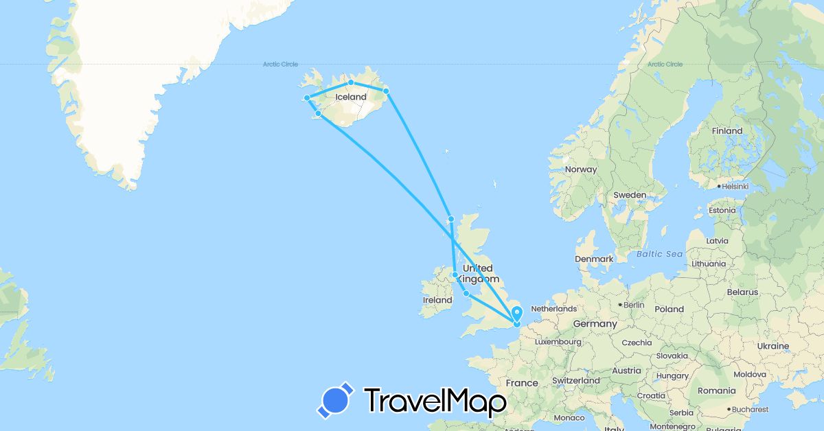 TravelMap itinerary: driving, boat in United Kingdom, Iceland (Europe)