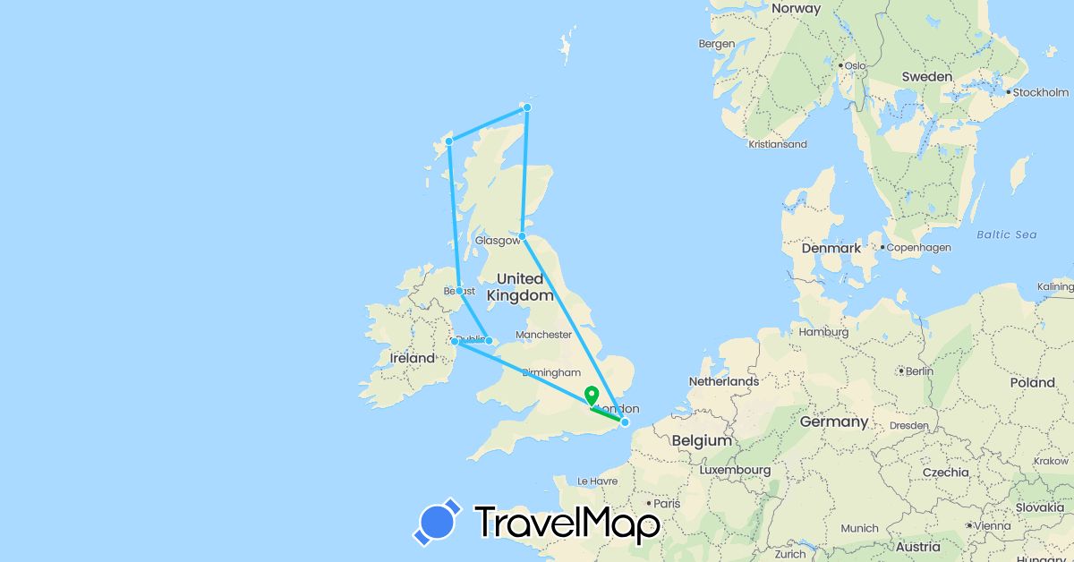TravelMap itinerary: driving, bus, boat in United Kingdom, Ireland (Europe)